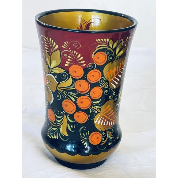 VTG Khokhloma Russian Handpainted Wooden Lacquer Set Pitcher & 6 Cups Signed EUC - Picture 4 of 14